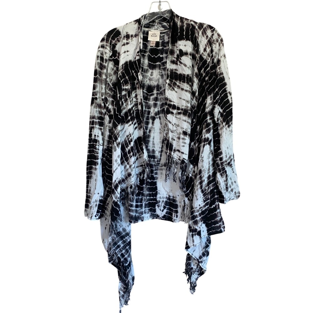 Knox Rose Womens Tie Dye Open Front Fringe Cardigan Black White Rayon Swim Large